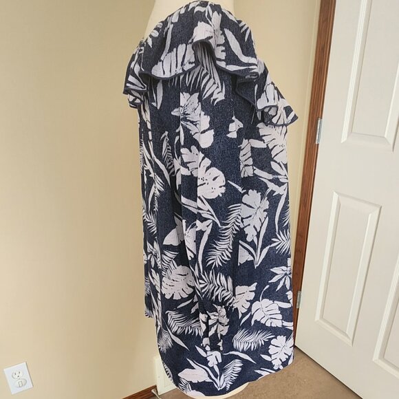 VAMP, Off-Shoulder Top, Navy & White, Palm Leaves, 3/4 sleeves, Ruffle, Large - Picture 5 of 7